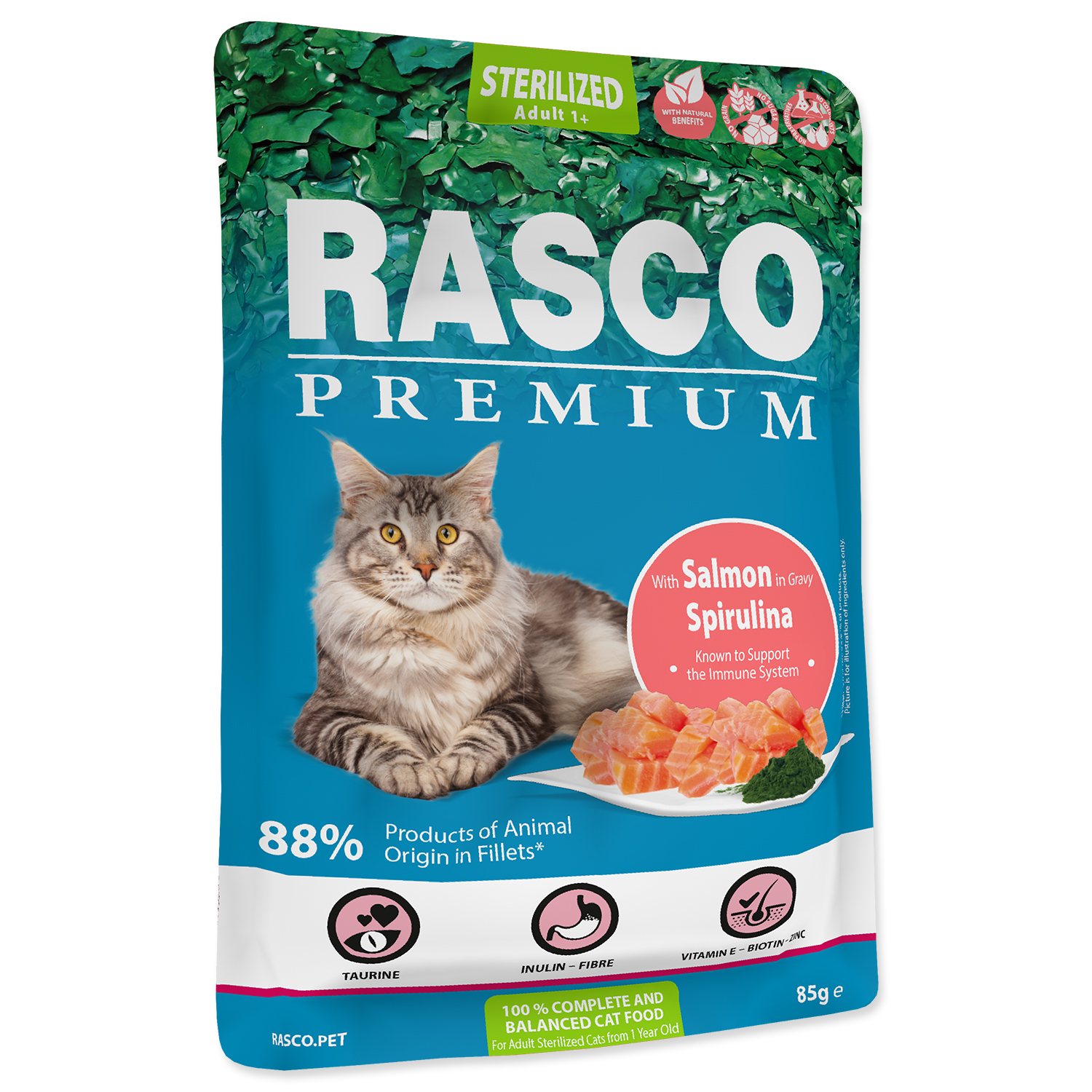 Rasco Premium Sterilized kapsička losos so spirulínou 28 x 85 g