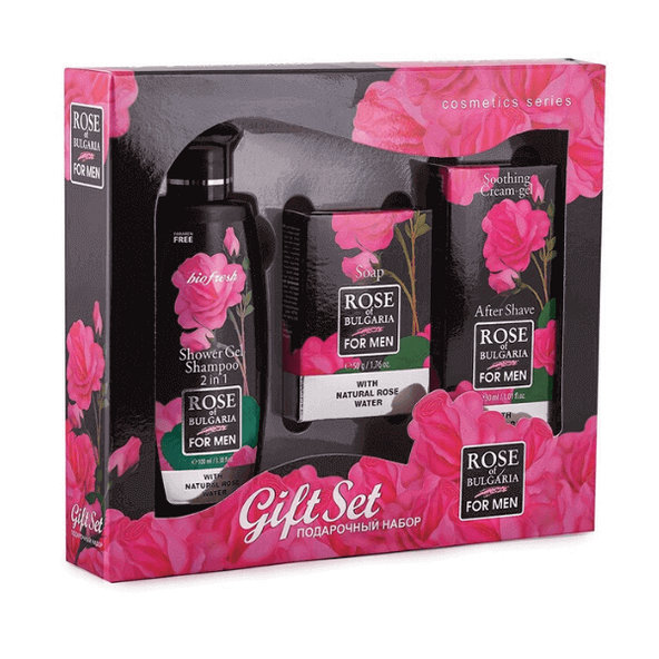 Darčekový set - šampón, sprchový gél, mydlo a balzam po holení pre mužov Rose of Bulgaria