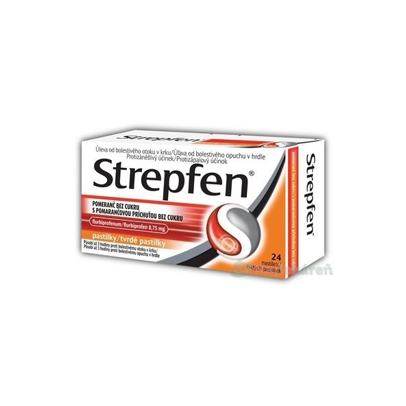 Strepfen pomaranč bez cukru na bolesť a opuch hrdla 24 tbl