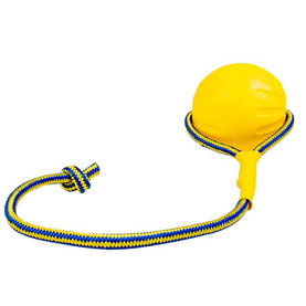 Hračka DUVO+ lopta plávajúca s lanom, žltá, priemer 10x49cm