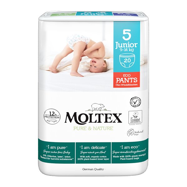 E-shop MOLTEX Pure&Nature Nohavičky plienkové jednorazové 5 Junior (9-14 kg) 20 ks