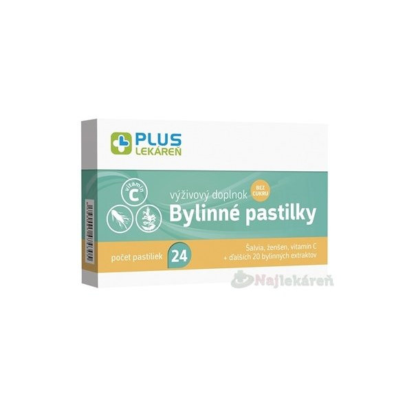 PLUS LEKÁREŇ Bylinné pastilky bez cukru na bolesť hrdla 24 pastiliek