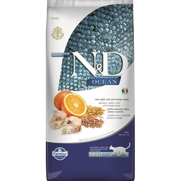 Farmina N&D cat OCEAN (AG) adult, codfish, spelt, oats & orange granule pre mačky 5kg
