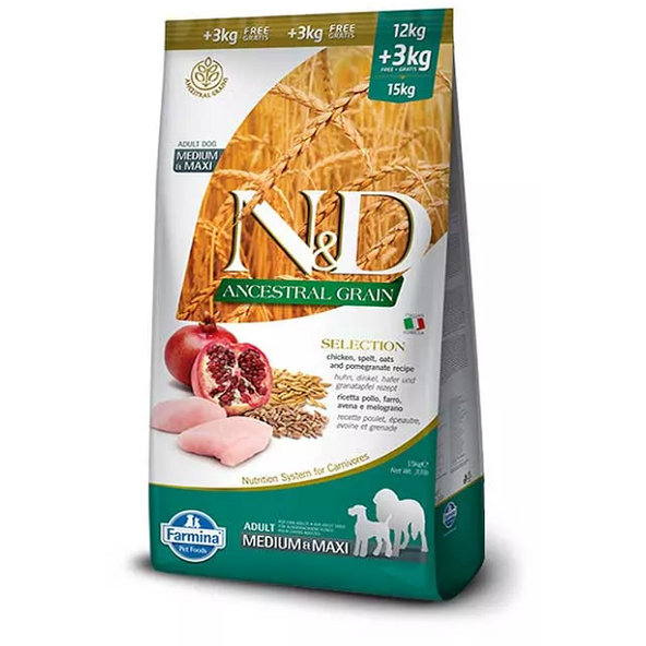 Farmina N&D dog AG SELECTION adult medium & maxi, chicken, spelt, oats & pomegranate 12kg + 3kg