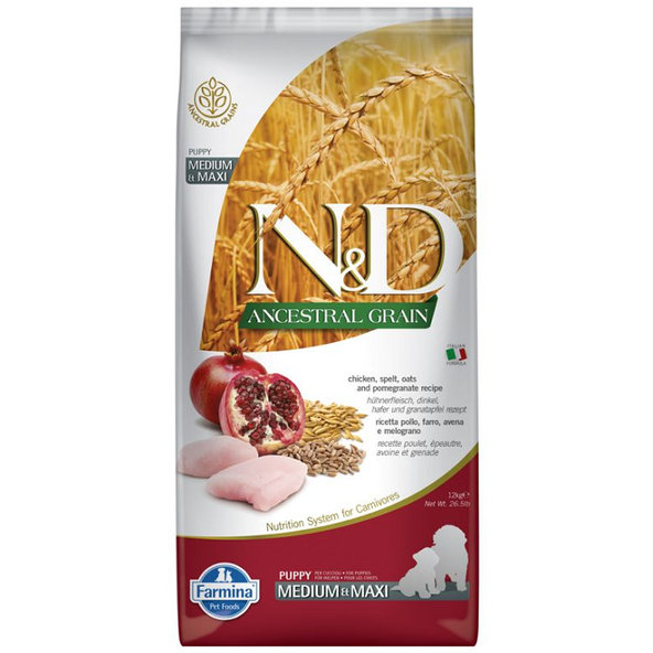 Farmina N&D dog AG puppy medium & maxi, chicken, spelt, oats & pomegranate 12kg
