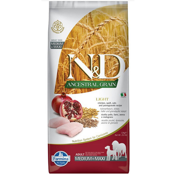 Farmina N&D dog AG adult medium & maxi, light, chicken, spelt, oats & pomegranate 12kg