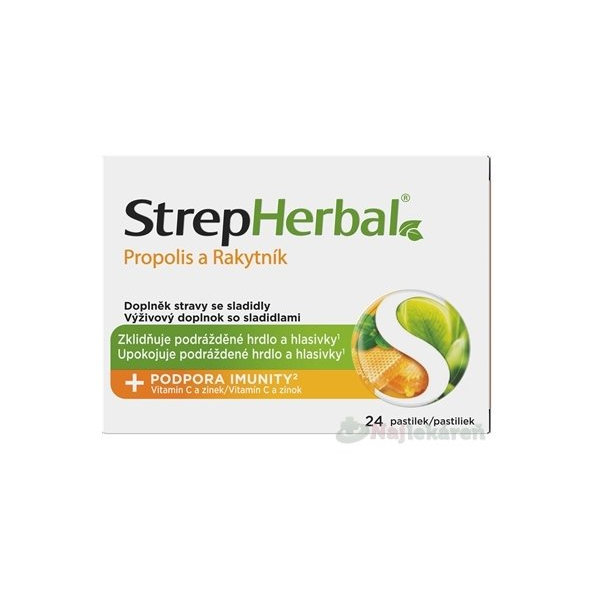 StrepHerbal Propolis a Rakytník pastilky na bolesť hrdla 24 ks