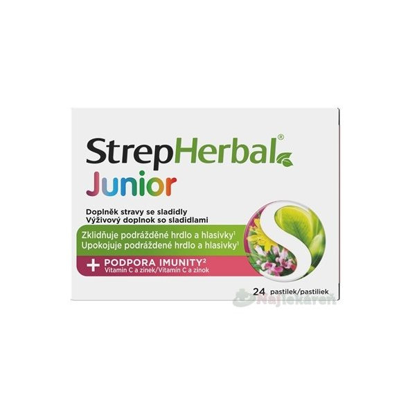StrepHerbal Junior, pastilky s vit. C a zinkom na bolesť hrdla 24 ks