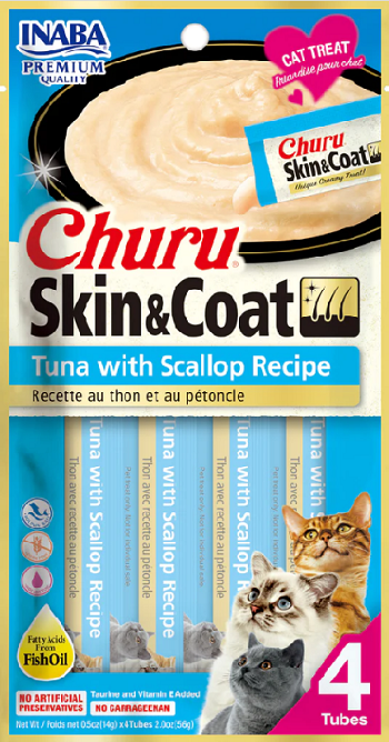 Maškrta Inaba Churu Skin & Coat cat Tuniak s hrebenatkou pre mačky 12x4tuby 672g