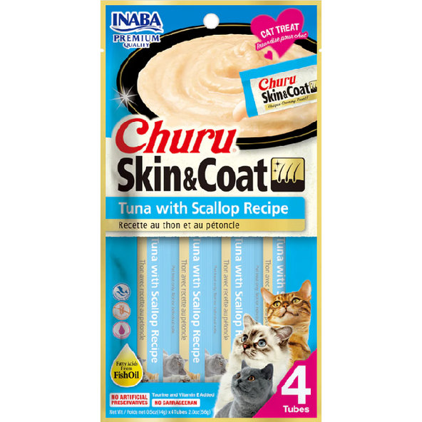 Maškrta Inaba Churu Skin & Coat cat Tuniak s hrebenatkou pre mačky 12x4tuby 672g