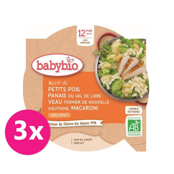 3x BABYBIO Hrášok s paštrnákom, teľacím mäsom a makaróny (230 g)