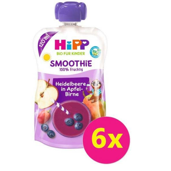 6x HiPP BIO Smoothie Jablko-Hruška-Borůvky, 100 g – ovocný příkrm