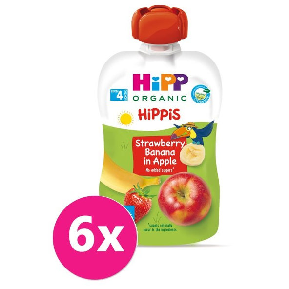6x HiPP HiPPiS BIO 100% ovoce Jablko-Banán-Jahoda 100 g – ovocný příkrm