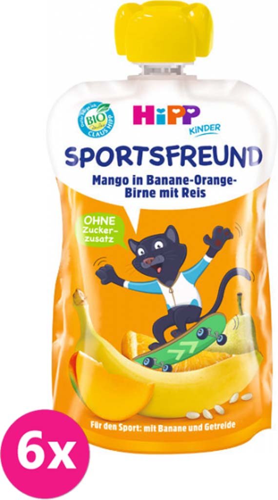 E-shop 6x HiPP HiPPiS BIO Sport Hruška-Pomeranč-Mango-Banán-Rýže 120 g – ovocný příkrm