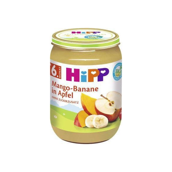HiPP BIO Jablká s mangom a banánmi, 190 g - ovocný príkrm