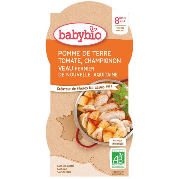 2x BABYBIO Zemiaky s paradajkovým pyré, šampiňóny a teľacím mäsom (200 g)