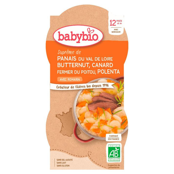 2x BABYBIO Paštrnák s maslovou tekvíc, kačicou a polentou (200 g)