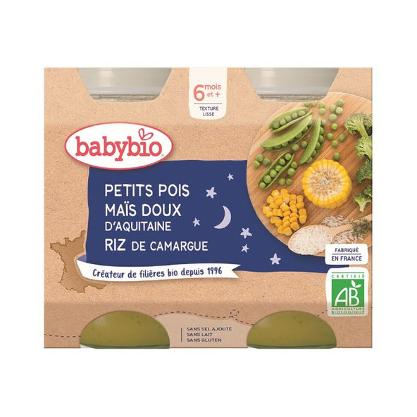 2x BABYBIO Večerné menu hrášok, sladká kukurica, ryža (200 g)