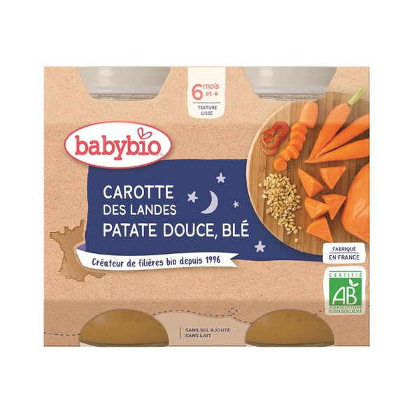 2x BABYBIO Večerné menu mrkva so sladkými zemiakmi a pšenicou (200 g)