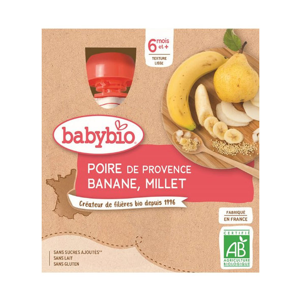 4x BABYBIO Kapsička hruška, banán, proso (90 g)