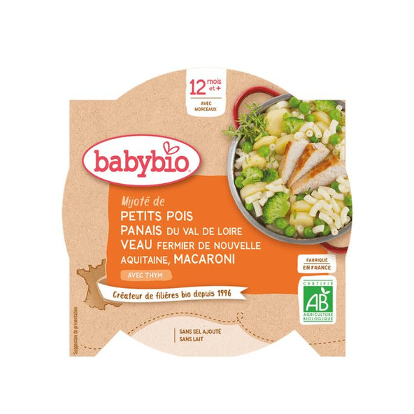 BABYBIO Hrášok s paštrnákom, teľacím mäsom a makaróny (230 g)