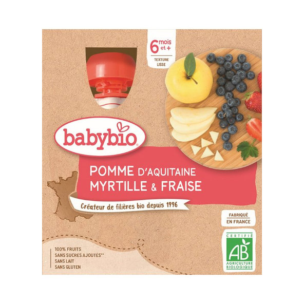 BABYBIO Kapsička jablko, čučoriedky, jahody (4x 90 g) - ovocný príkrm