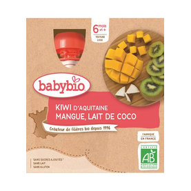 BABYBIO Pyré kiwi, mango, kokosové mlieko (4x 90 g) - ovocný príkrm