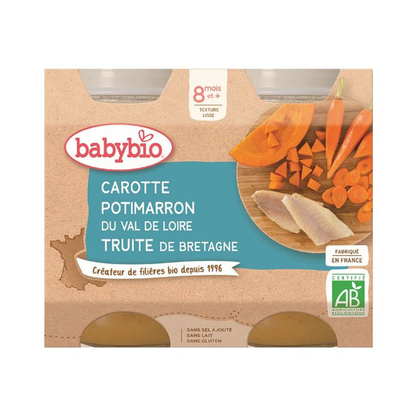 BABYBIO Mrkva a tekvica so pstruhom (2x 200 g) - mäsovo-zeleninový príkrm