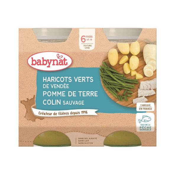 BABYBIO Zemiaky a zelené fazuľky s morskou šťukou (2x 200 g) - mäsovo-zeleninový príkrm