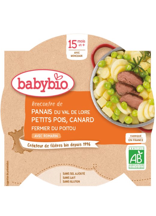 E-shop BABYBIO Paštrnák s hráškom a farmárskou kačicou (260 g) - mäsovo-zeleninový príkrm