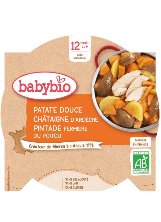E-shop BABYBIO Sladké zemiaky s gaštanovým pyré a farmárskou perličkou (230 g) - mäsovo-zeleninový príkrm