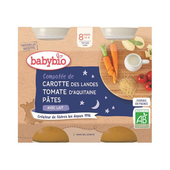 BABYBIO Večerné menu mrkva a paradajky s cestovinami (2x 200 g)