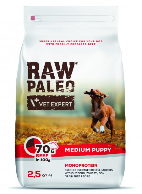 E-shop VetExpert Raw Paleo puppy medium beef - granule pre psy 2,5kg