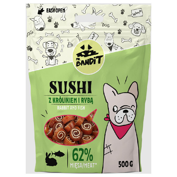 Mr. Bandit sushi rabbit & fish - maškrta pre psy 80g