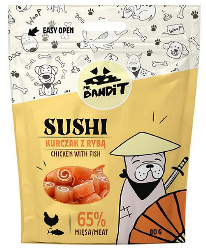 E-shop Mr. Bandit sushi chicken & fish - maškrta pre psy 80g