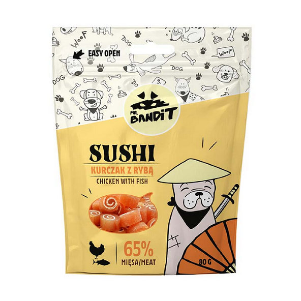 Mr. Bandit sushi chicken & fish - maškrta pre psy 80g