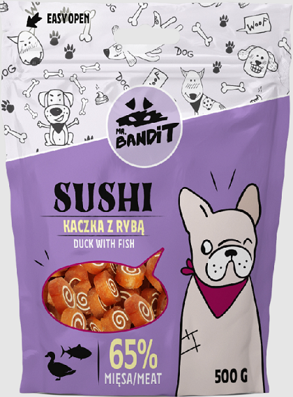 E-shop Mr. Bandit sushi duck with fish - maškrta pre psy 500g