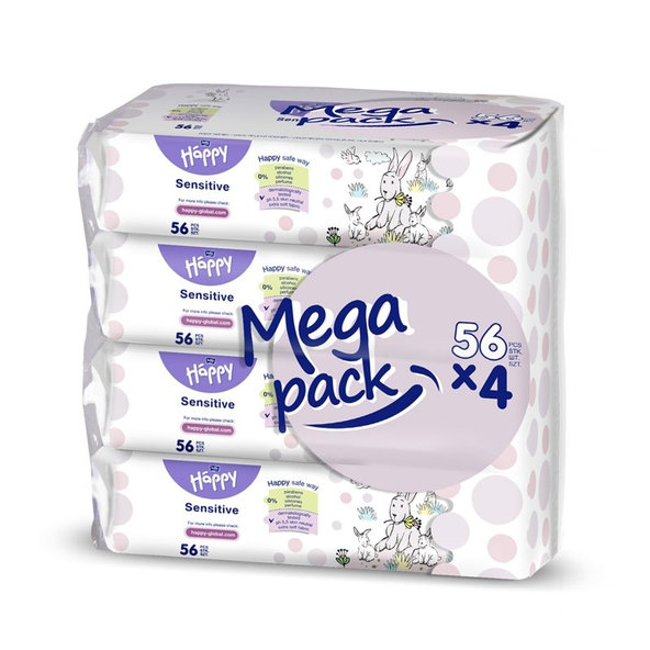 4x BELLA HAPPY BABY Vlhčené utierky sensitive s aloe vera 56 ks, MEGA PACK