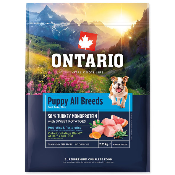 Krmivo Ontario Puppy All Breeds Monoprotein Turkey & Sweet Potatoes 2,25kg
