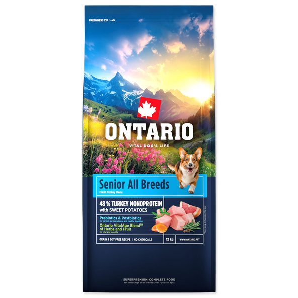 Krmivo Ontario Senior All Breeds Monoprotein Turkey & Sweet Potatoes 12kg