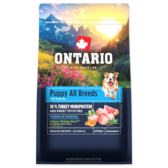 Krmivo Ontario Puppy & Junior All Breeds Monoprotein Turkey & Sweet Potatoes 0,75kg