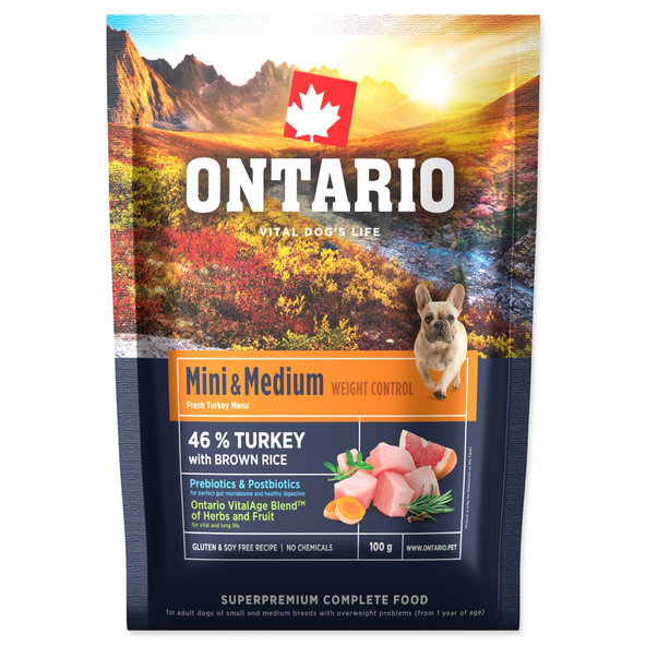 Vzorka Ontario Mini  & Medium Weight Control Turkey & Brown Rice 0,1kg