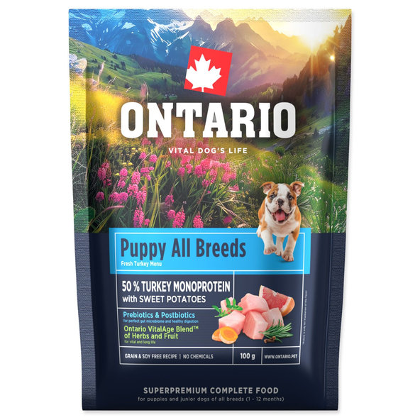 Vzorka Ontario Puppy & Junior All Breeds Monoprotein Turkey & Sweet Potatoes 0,1kg