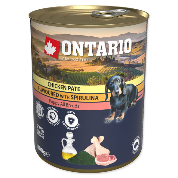 Konzerva pre psy Ontario Puppy kura so spirulinou, paté 800g