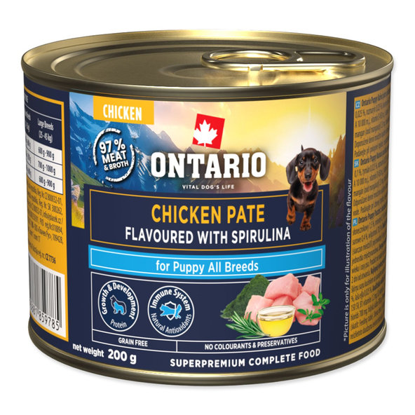 Konzerva Ontario Puppy kuracie paté s príchuťou spirulíny 200 g