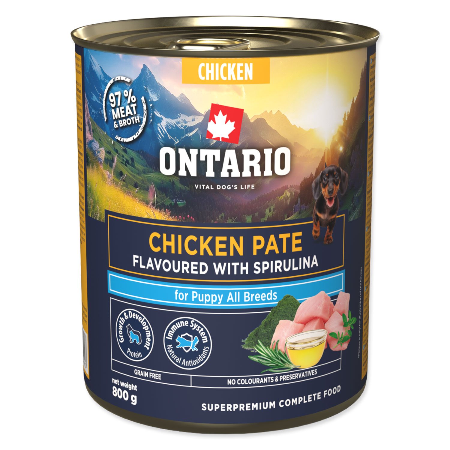 Konzerva Ontario Puppy kuracie paté s príchuťou spirulíny 800 g