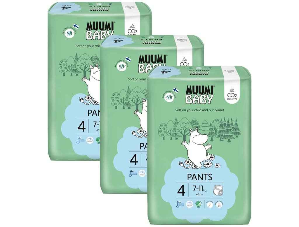 E-shop MUUMI Baby Pants 4 Maxi 7-11 kg (120 ks), mesačné balenie nohavičkových eko plienok