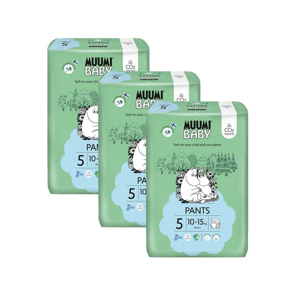 MUUMI Baby Pants 5 Maxi+ 10-15 kg (114 ks), mesačné balenie nohavičkových eko plienok