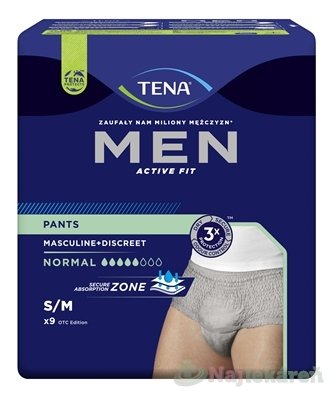 E-shop TENA Men Pants Normal Grey S/M pánske inkontinenčné spodné prádlo, sivé 9 ks