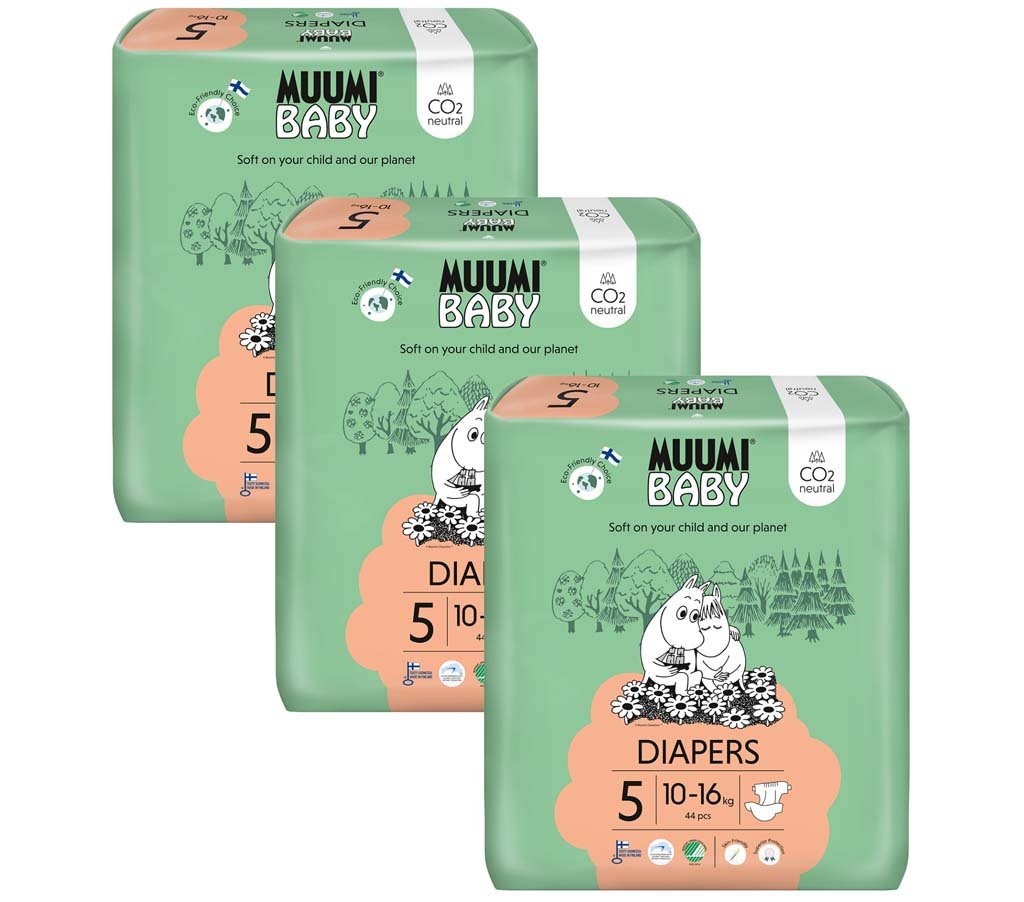 E-shop MUUMI Baby 5 Maxi+ 10-16 kg (132 ks), mesačné balenie eko plienok